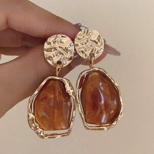 New! Anthro Amber Brown Gold Irregular Gemstone Drop Dangle Party Long Earrings